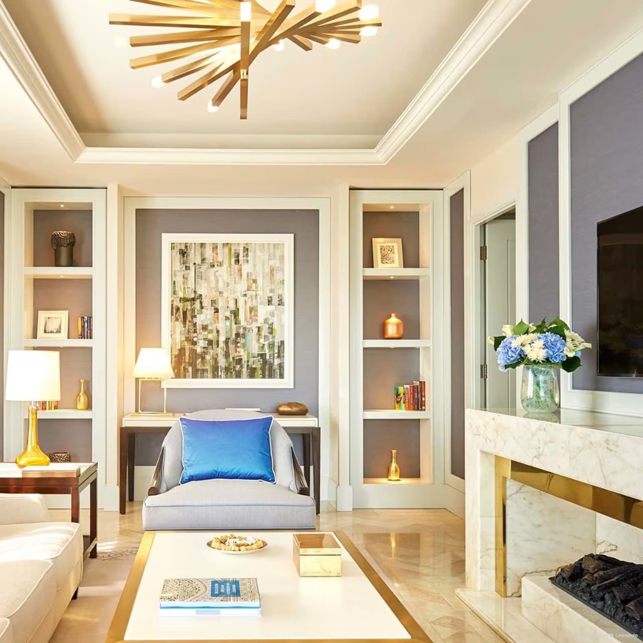 Gold Designer ceiling light in a modern hotel lounge at the Fairmont Amman