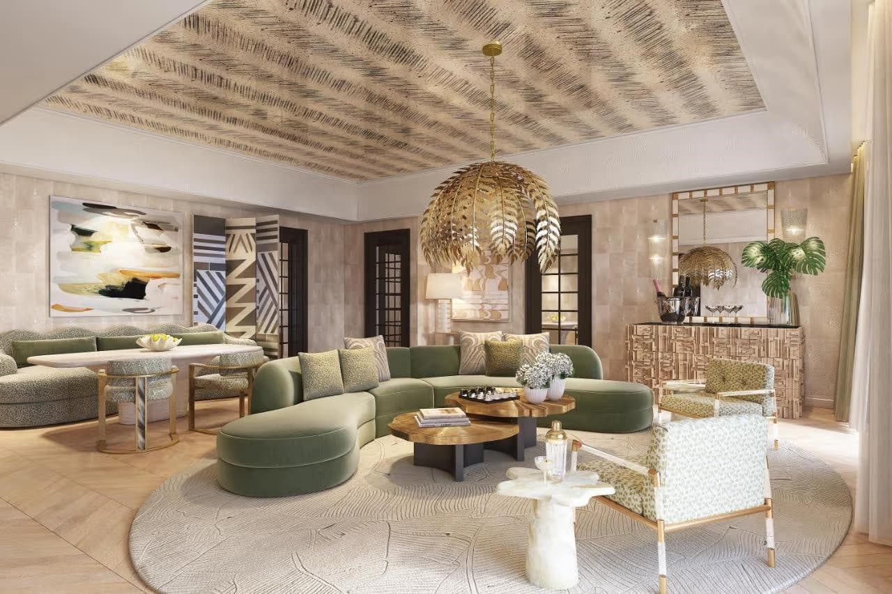 Bespoke gold chandelier in a modern hotel suite lounge at the Palmhouse Hotel Florida