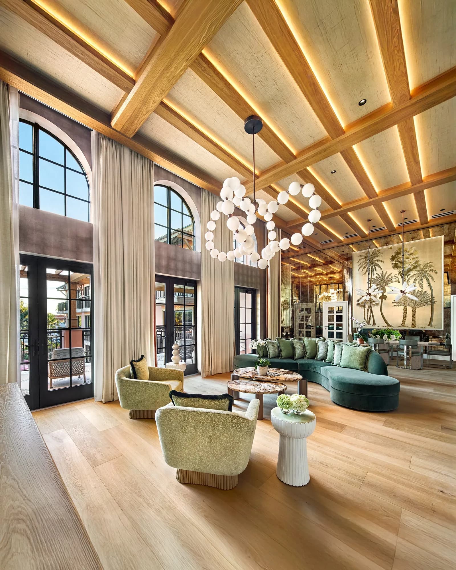 Custom Chandelier in a tropical lounge interior at the Palmhouse Hotel Florida