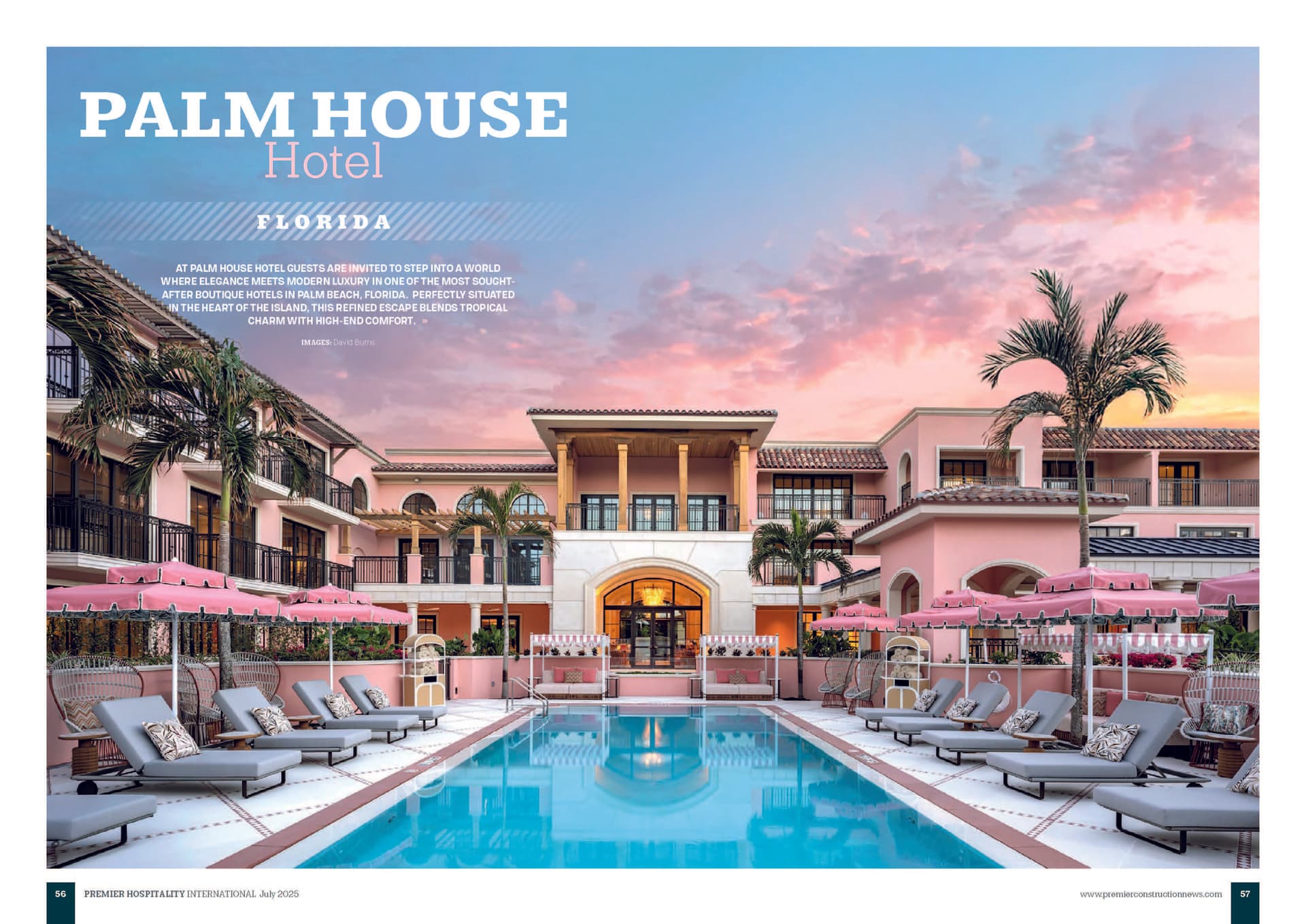 Cover of Premier Hospitality International featuring Palm House Hotel Florida with pool, palm trees and tropical sunset