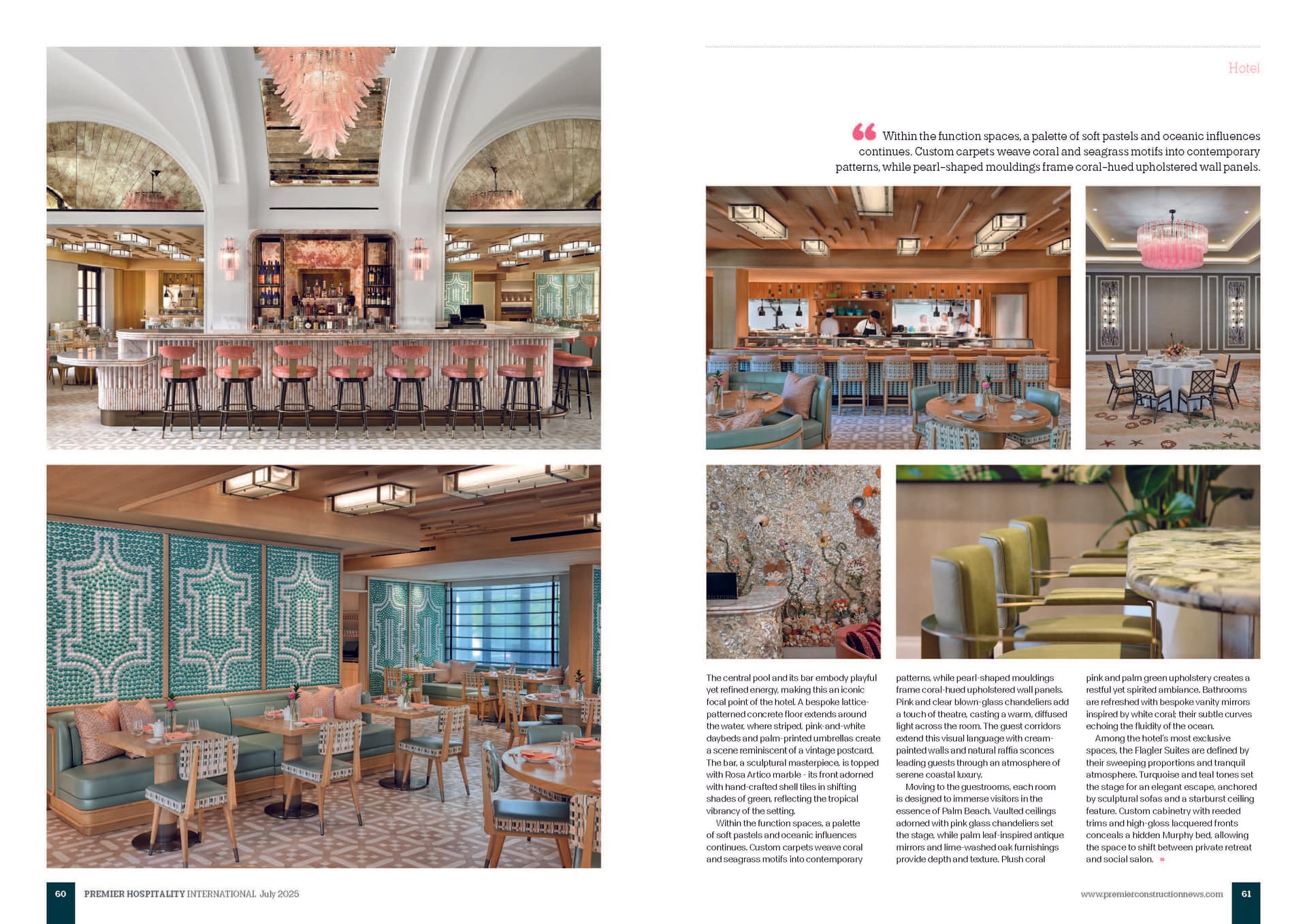 Interior of Palm House Hotel Florida showing the lobby with warm lighting, decorative wall art and modern furniture