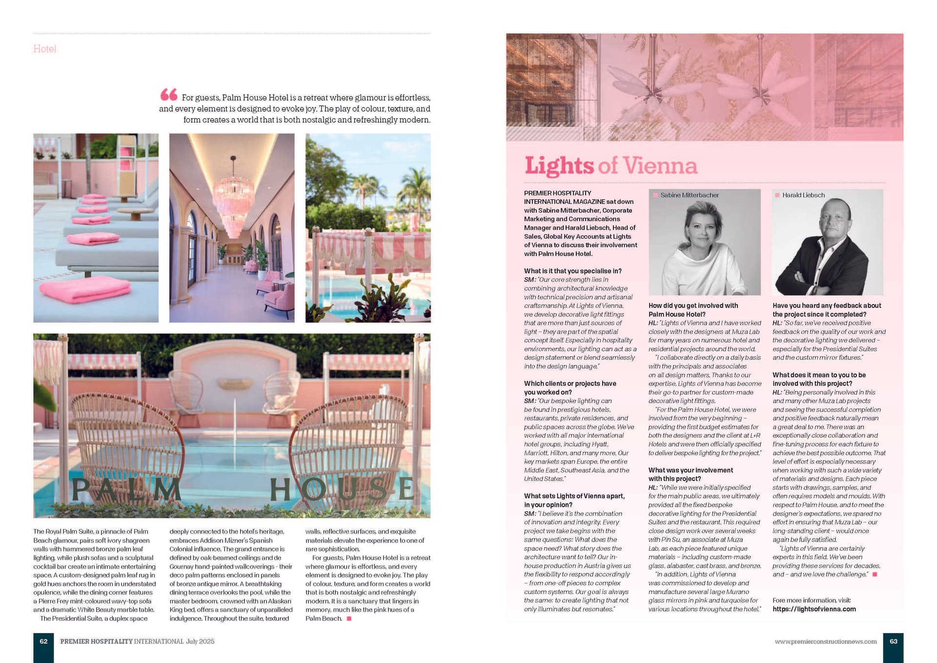 Article spread about Palm House Hotel Florida highlighting pool area, outdoor lounge and lighting by Lights of Vienna